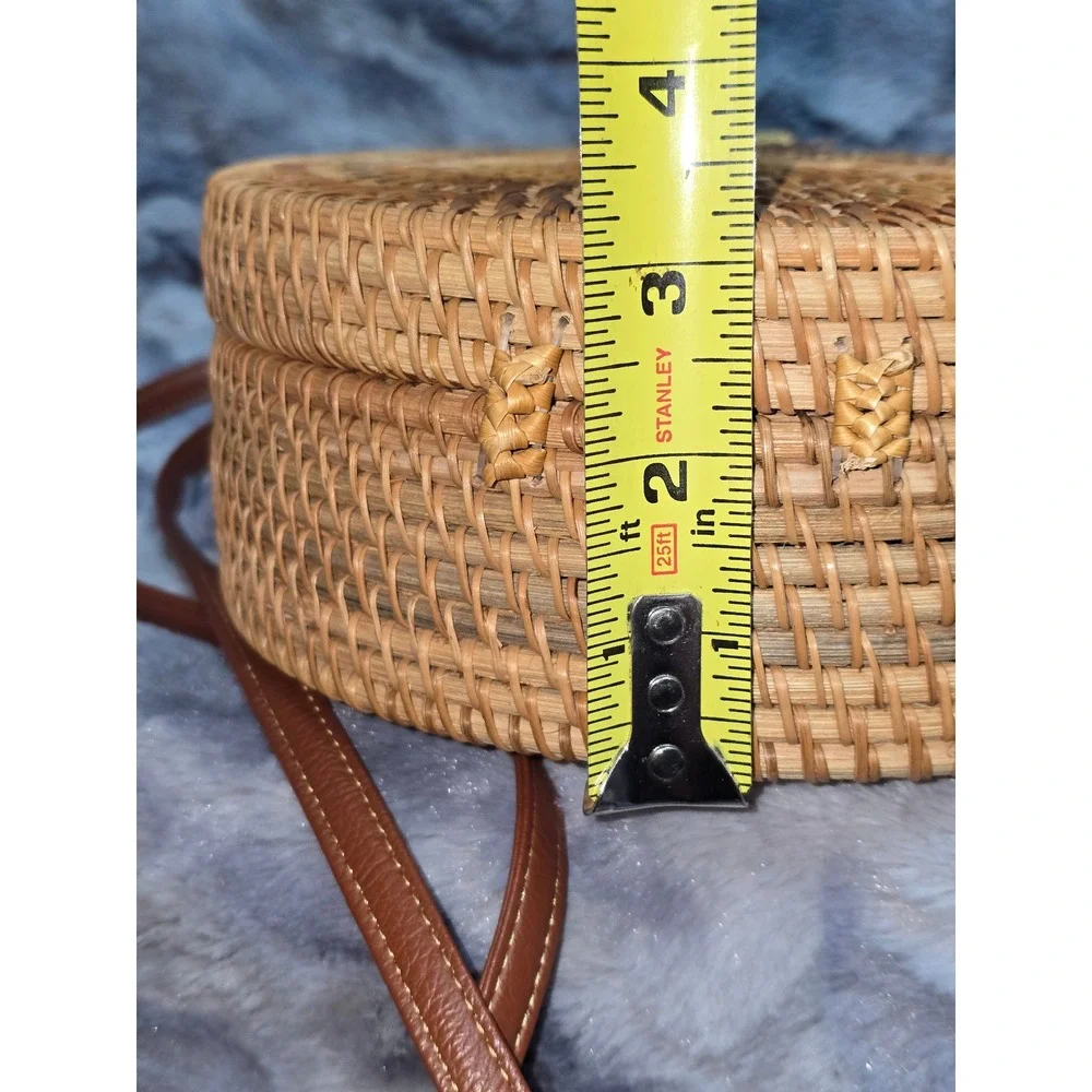 Handmade Round Rattan Crossbody Bag Floral Lining Woven Straw Boho Canteen Purse